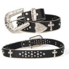 Women&rsquo;s Black Cross Rhinestone Western Bling Leather Belt