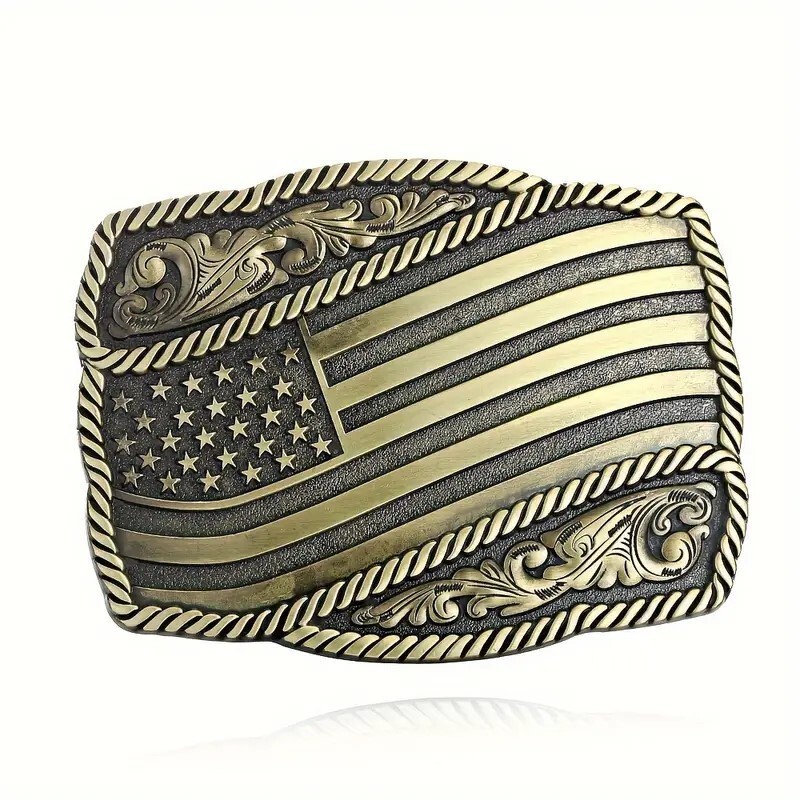 American Flag Belt Buckle, Western Cowboy, Cowgirl, Country Antique Gold Tone