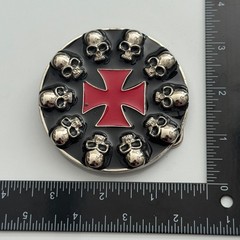 Round Skull Knights Templar Cross Belt Buckle Silver Tone Black Red Metal