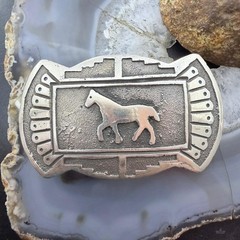 Emerson Kinsel Native American Sterling Silver Overlay Horse Belt Buckle For Men