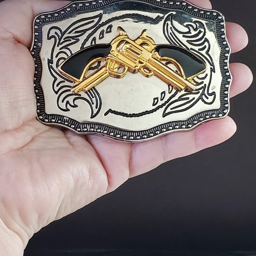 Western Dual Revolver Belt Buckle Silver Gold Tone Engraved Scroll Edge