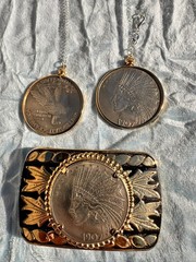 Antique 1907 Silver Indian Head Eagle & 24K Gold Belt Buckle Belt Bar Necklace