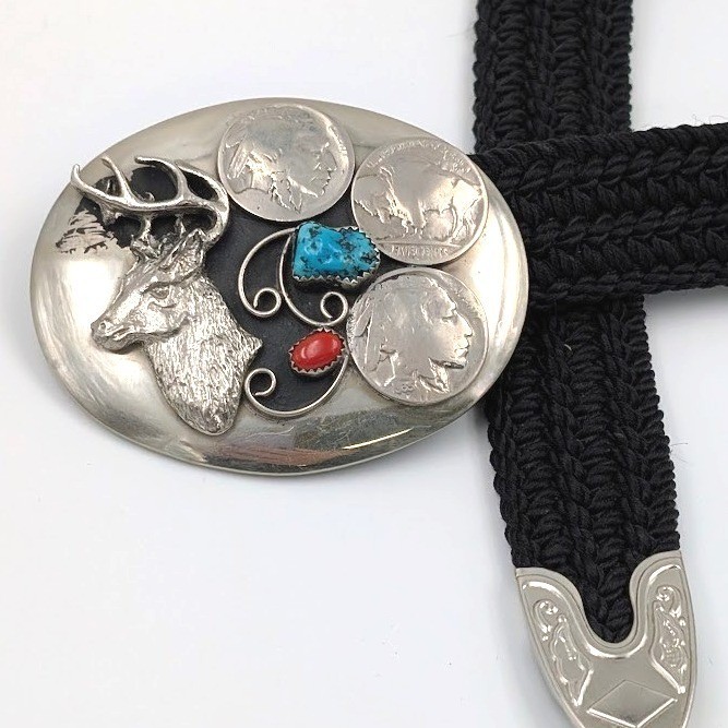 VTG Southwest Belt Buckle Elk Buffalo Nickel Blue Red Stones Sz 36/Large Signed