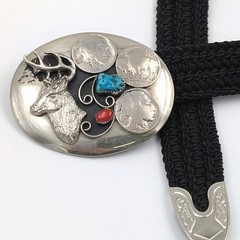 VTG Southwest Belt Buckle Elk Buffalo Nickel Blue Red Stones Sz 36/Large Signed
