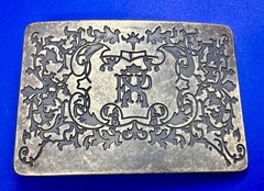 Letter EXP Monogram Scroll Ornate Pattern Silver Tone Rectangular Belt Buckle