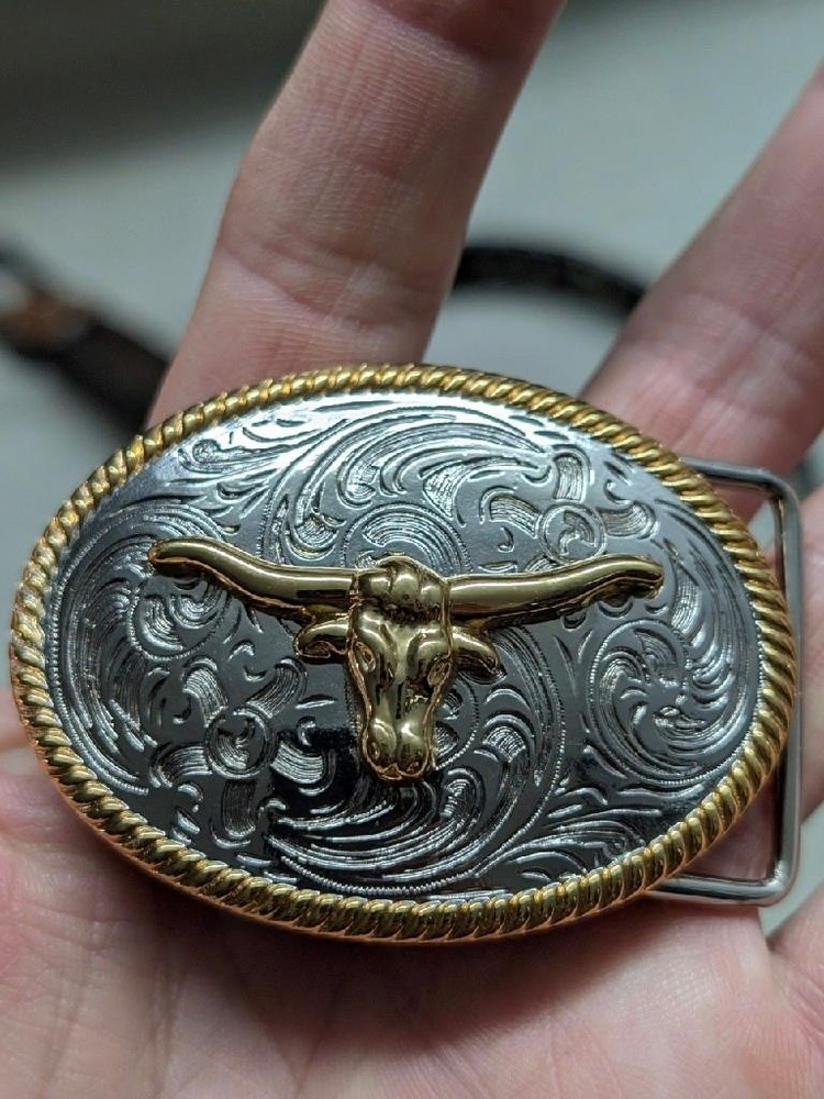 vintage style WESTERN belt buckle LONG HORN steer COWBOY gold/silver RODEO