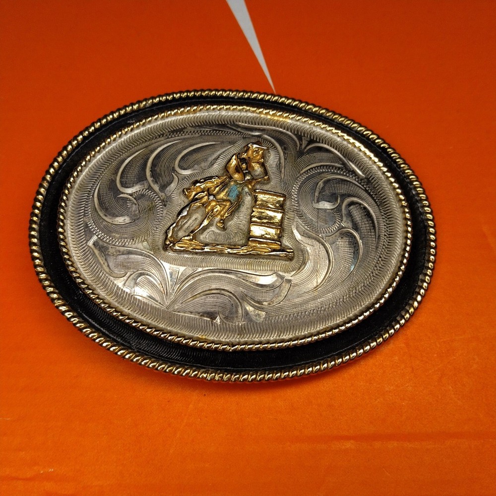 Vintage Western Barrel Racing Belt Buckle Silver Gold Tone Rodeo Horse Rider