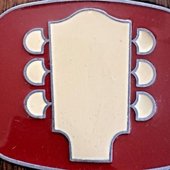 Guitar Headstock Belt Buckle Red Enamel Silver Tone Metal 3&Prime; x 2.5&Prime;