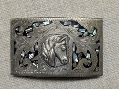 vintage WESTERN buckle belt HANDCRAFTED german silver ALPACA abalone HORSE