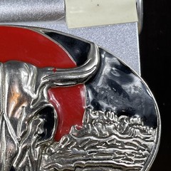 Silver Black and Red Metal Men’s Long Horn Belt Buckle 5 in – 3. 1/4 in