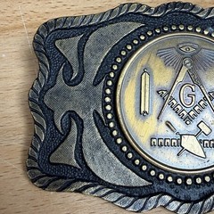 Masonic Belt Buckle Mens Gold Tone Metal Square Compass G Western Antique Finish
