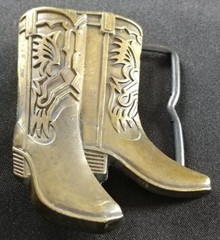 WESTERN COWBOY BOOTS SHAPED BRASS TONED METAL BELT BUCKLE
