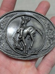 vintage RODEO belt buckle BUCKIN BRONCO cowboy WESTERN pewter brass