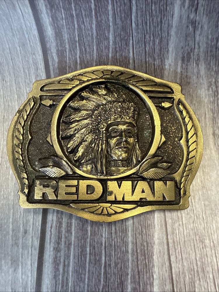 Red Man Belt Buckle 1988 Brass Pinkerton Tobacco Co. Made in USA VTG 3×2.5”