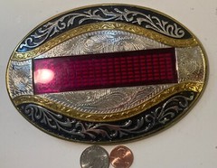 Vintage Metal Belt Buckle, Giant Size, Silver and Brass, Batteries, Nice Western