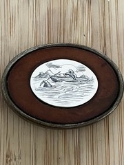Oval Nautical Boat Scene Western Belt Buckle Brown Silver Tone Metal 1.5in