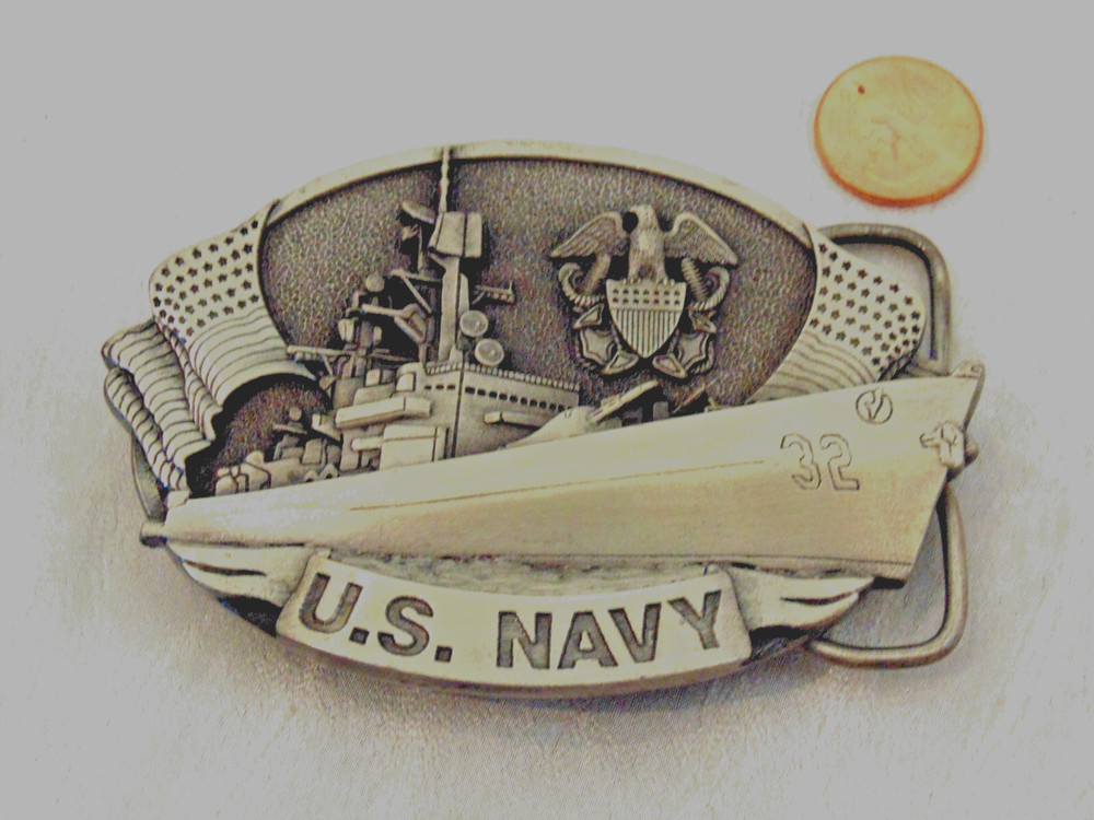 US Navy 3D Belt Buckle Ship Eagle Flag Vtg 81 Bergamot Brass Works USA Silver