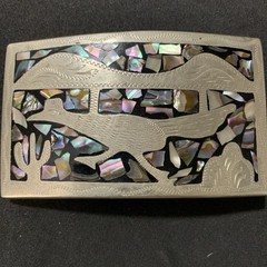 Western Belt Buckle with Roadrunner Bird Abalone Shell Southwest Cactus Inlaid