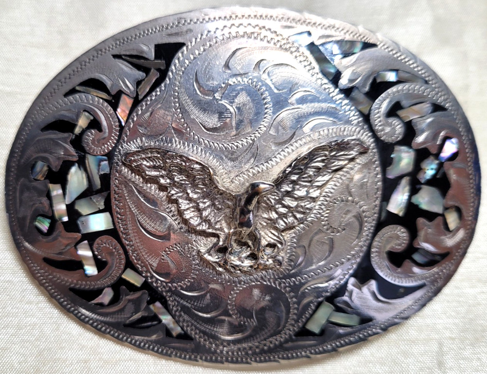 Vintage Alpaca Mexico Eagle Abalone Shell Mother Pearl Inlay Belt Buckle