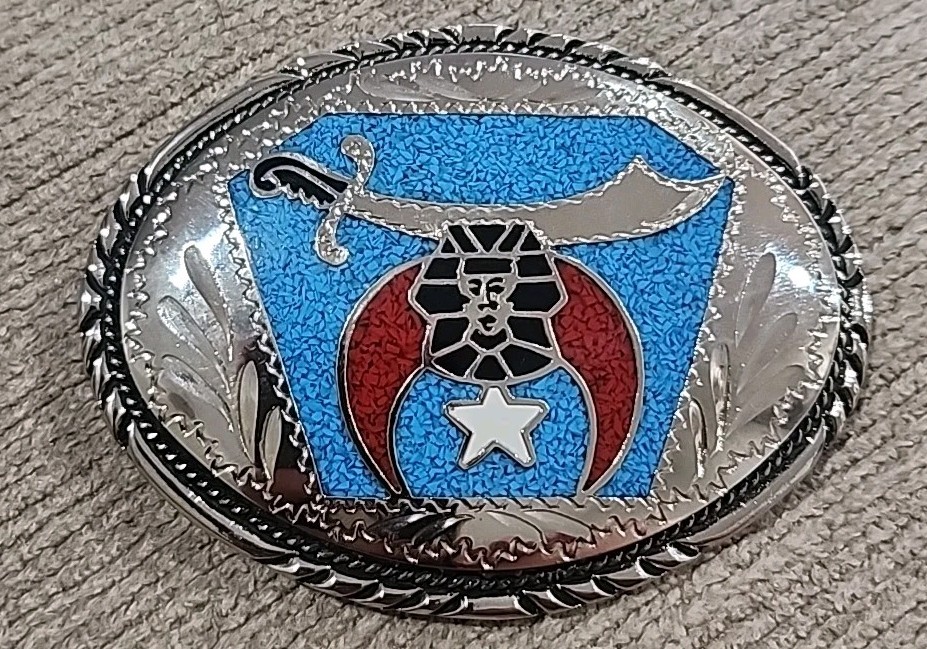Egyptian Revival Turquoise Coral Inlay Silver Tone Oval Belt Buckle Signed