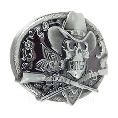 Dead Cowboy Belt Buckle Skull Guns Rattlesnake Red Enamel Inlay Fits 1.5&Prime; Belts