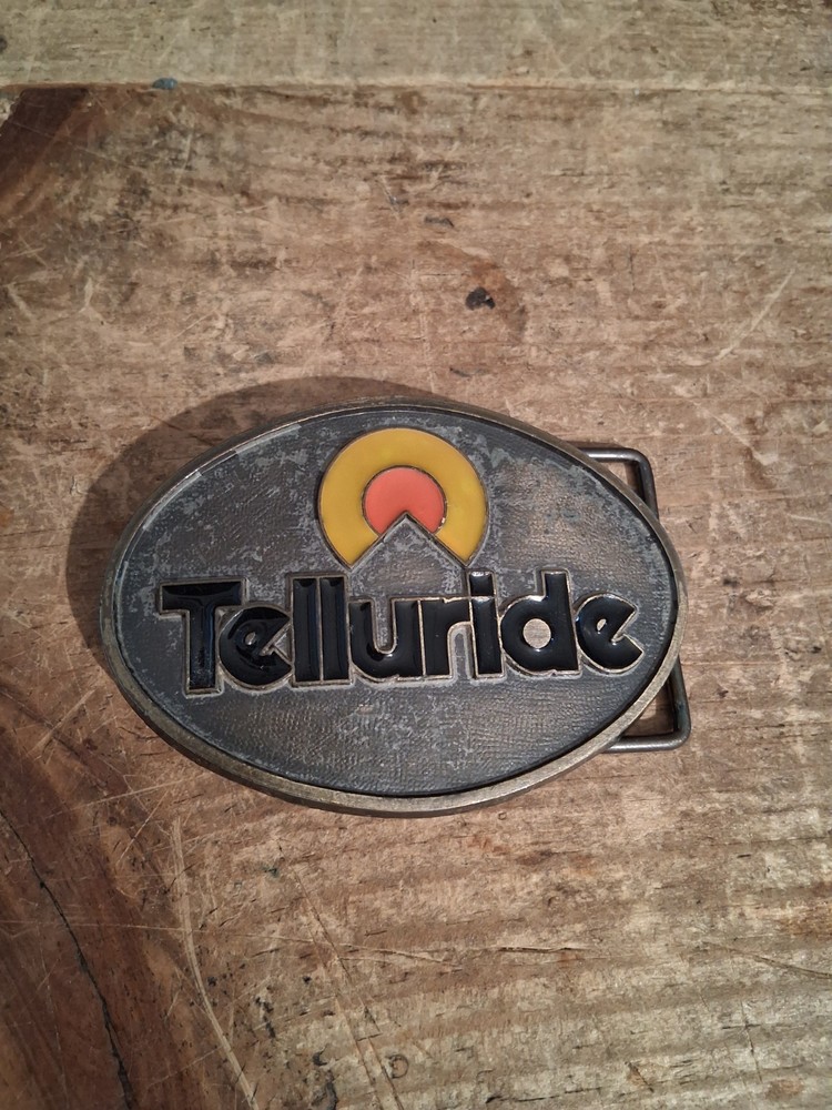 Telluride Ski Resort Belt Buckle 1970s Brass Mountain Enamel Sun