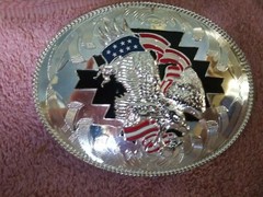 NWOT LARGE SILVER MIRROR STAR RED WHITE BLUE 3D EAGLE BELT BUCKLE 1 1/2&Prime; $65
