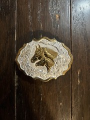 VTG Western Belt Buckle Crumrine Oval Silver & Gold, Horse & Foal Design Bronze
