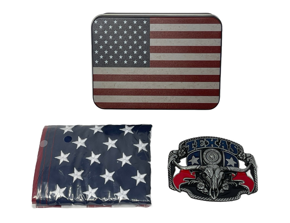 Belt Buckle Gift Set with 12 x 18 Inch American Flag with USA Flag Tin – Texas