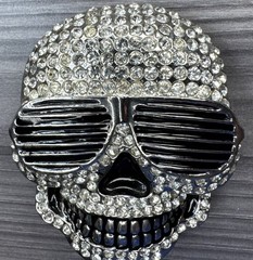 Skull Belt Buckle Wearing Sunglasses Silver Finish Clear Stone