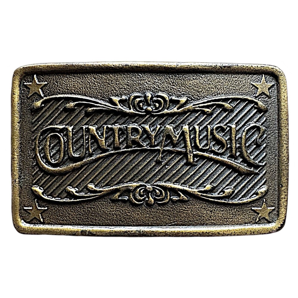 INDIANA METAL CRAFT vintage COUNTRY MUSIC brass belt buckle 3 1/4”x 2”