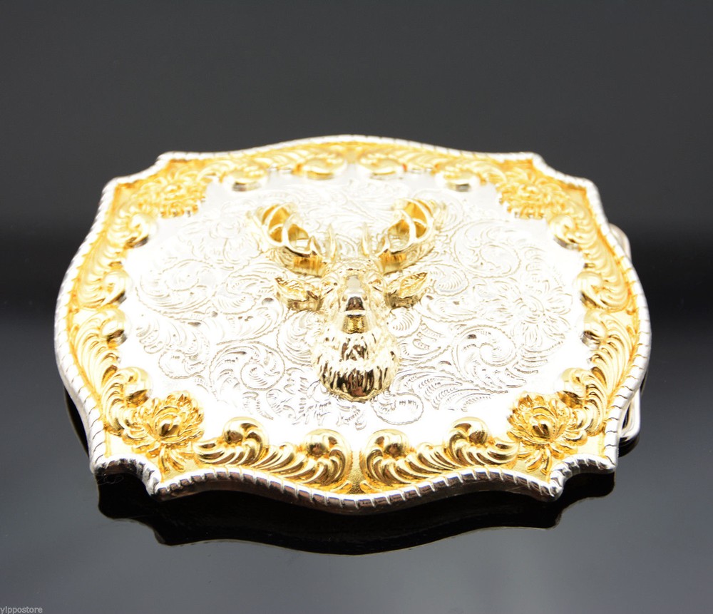 Gold & Silver Plated Deer Buck Head Western Cowboy Rodeo Metal Belt Buckle