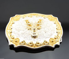 Gold & Silver Plated Deer Buck Head Western Cowboy Rodeo Metal Belt Buckle