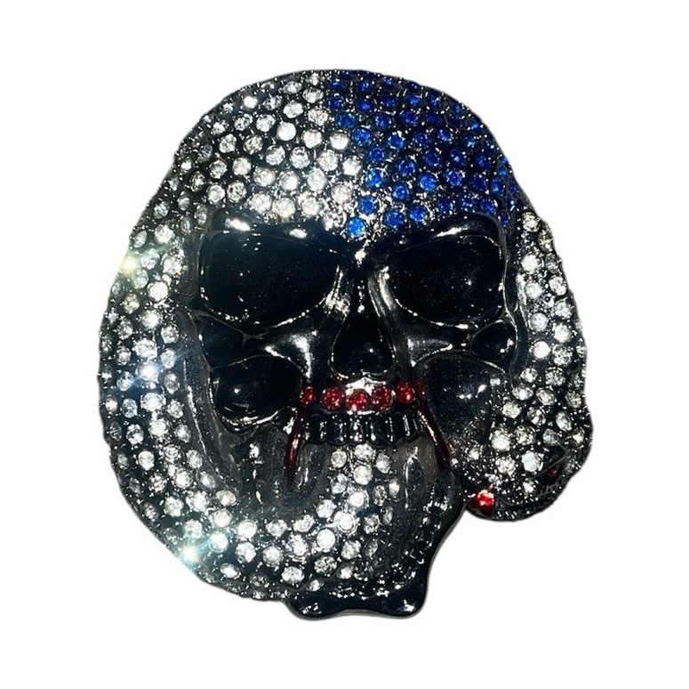 Skull Rhinestone Silver Blue Red Black Round Stones Metal Belt Buckle