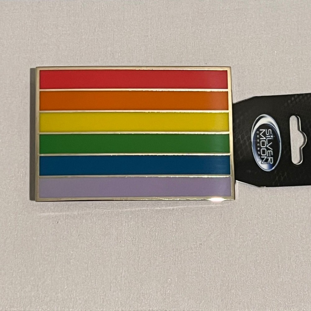 Silver Moon Belt Buckle Rainbow Enamel Rectangle Pride Flag Unisex Collectible