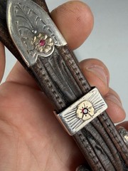 Vintage Handmade .925 Sterling Silver 10k Gold Ruby Set Belt Buckle Set 1940s