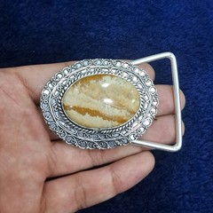 Silver Plated Belt Buckle Handmade Jasper Gemstone Western Cowboy Belt For Men