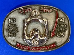OPEN HERE Best Drink Since 1957 Itsus Beverages Co. Belt Buckle Bottle Opener