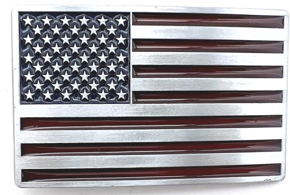Silver Tone American Flag Enameled Belt Buckle New