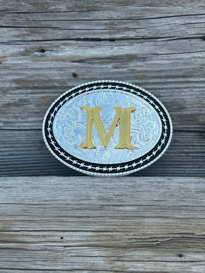 Western Style Matte Black and Silver Oval Shaped Gold Initial M Belt Buckle