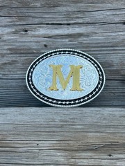 Western Style Matte Black and Silver Oval Shaped Gold Initial M Belt Buckle
