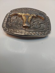 Western Longhorn Belt Buckle Floral Engravings Bull Head Rope Border