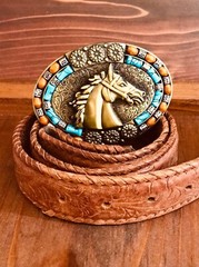 Men -women Belt Buckle Brass horse head with turquoise and rust inlaid stone
