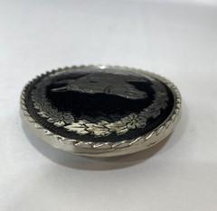 Bridled Horse Head Oval Belt Buckle Black Silver Equestrian Made in USA