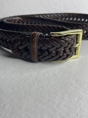 Brown Braided Bonded Leather Belt 36/90 Gold Tone Buckle Men Woven