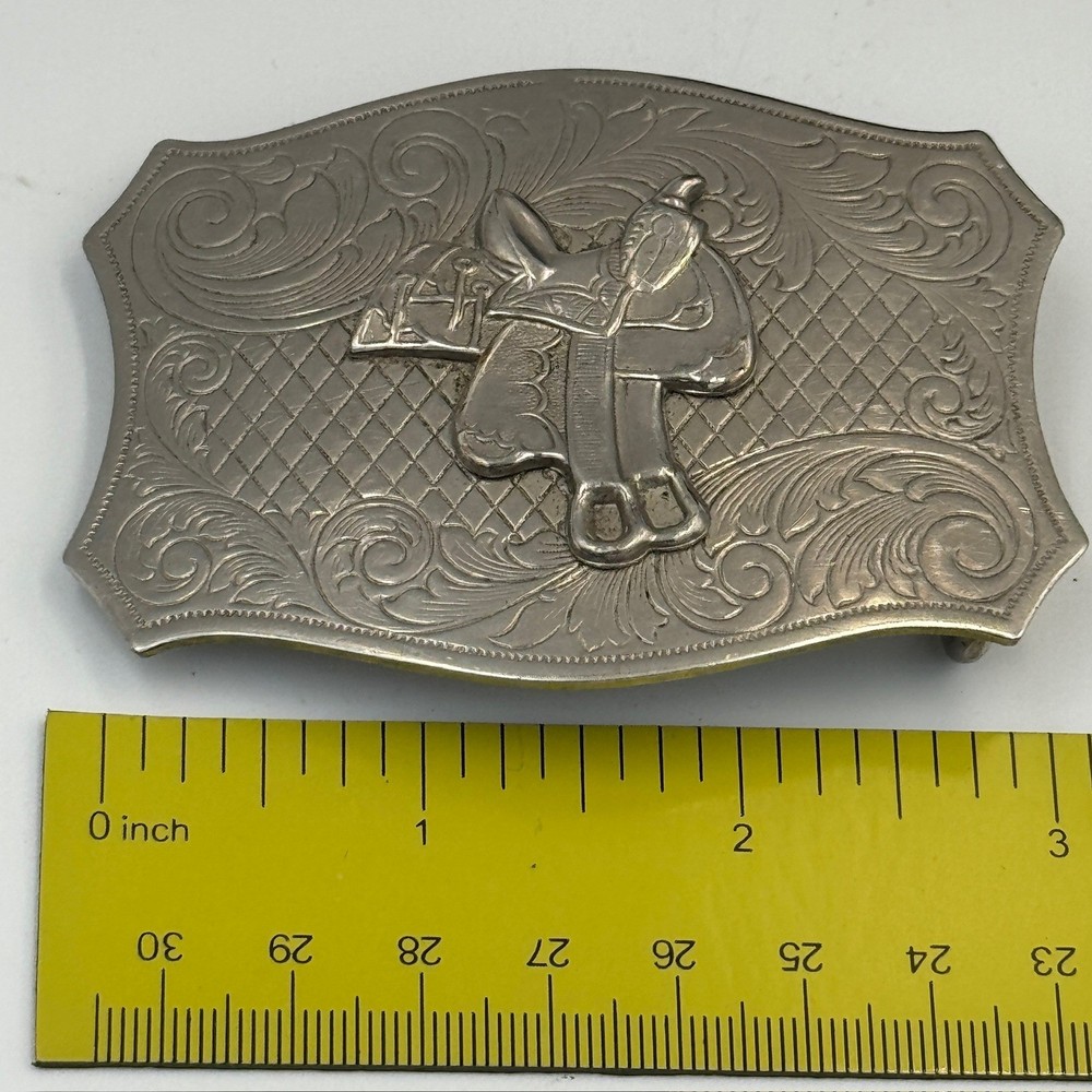 Vintage Western Horse Saddle Belt Buckle Solid Brass Silver Tone Engraved Floral