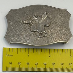 Vintage Western Horse Saddle Belt Buckle Solid Brass Silver Tone Engraved Floral
