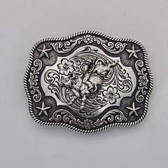 Nocona Western Belt Buckle Bull Rider Rope Edge Rectangular Silver Tone Stars