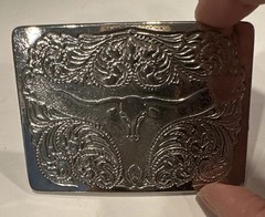VTG Designer Western Cowboy Belt Buckle Unisex Silver Tone Rectangular Steer