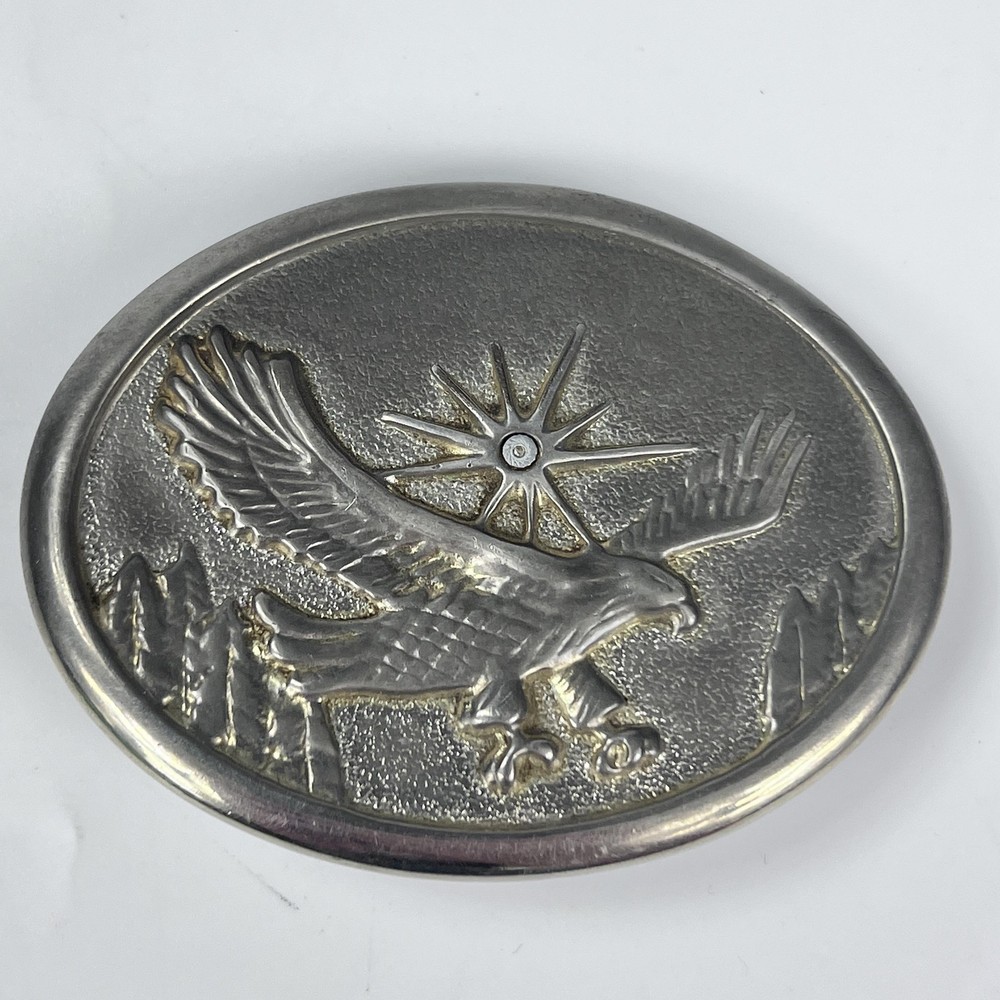 Vintage Eagle Belt Buckle Metal Western Cowboy Accessory Silver Tone Oval 80s